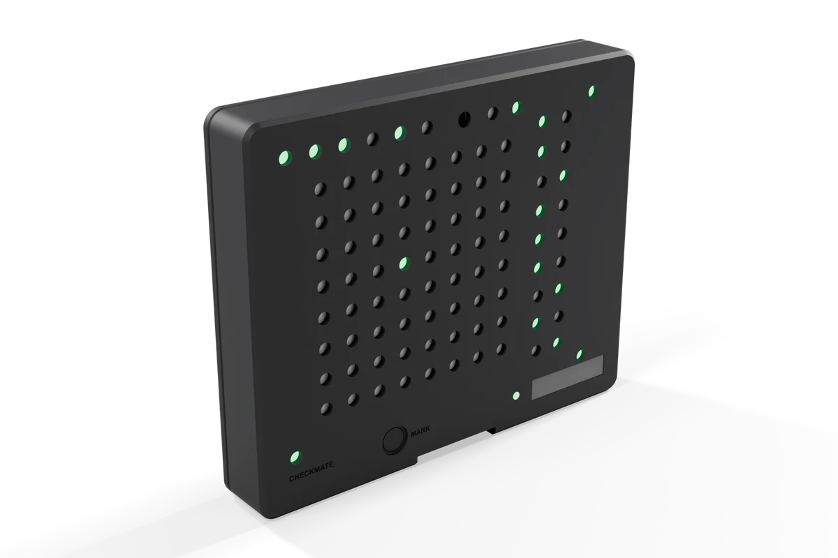 Sync Beacon, operating: a black rectangular unit with a grid of small holes and green indicator lights, concept render