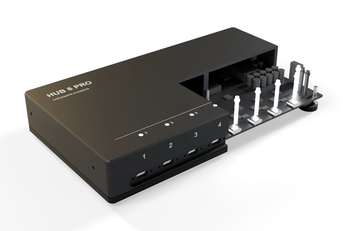 Cut-away view of the Hub 8 Pro enclosure and board, concept render
