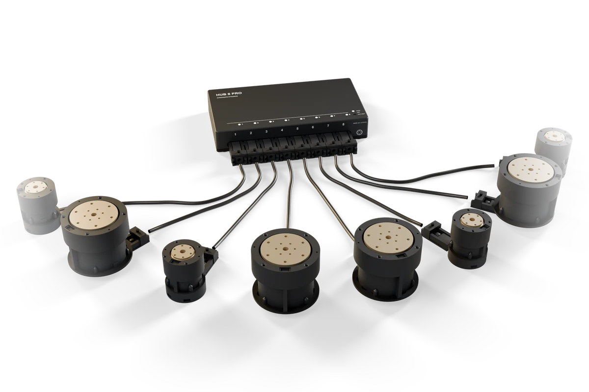 Eight SmartServo G nodes, four G-2804 and four G-5208, each on a USB-C cable to one Hub 8 Pro, concept render