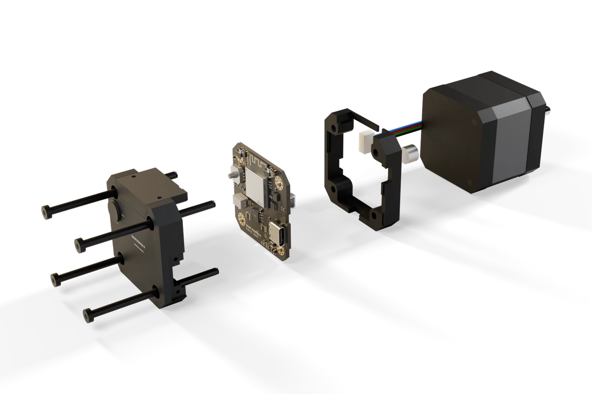 SmartStepper 17 rear unit exploded into magnet, frame, board and cover, concept render