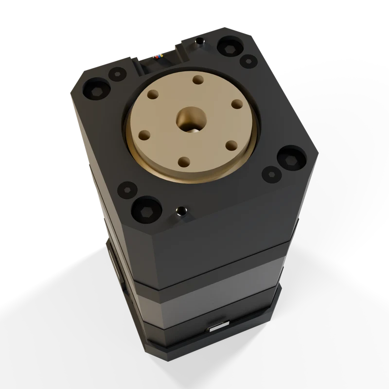 Output face of the SmartStepper 17 reducer with M3 bolt circle and dowel holes, concept render