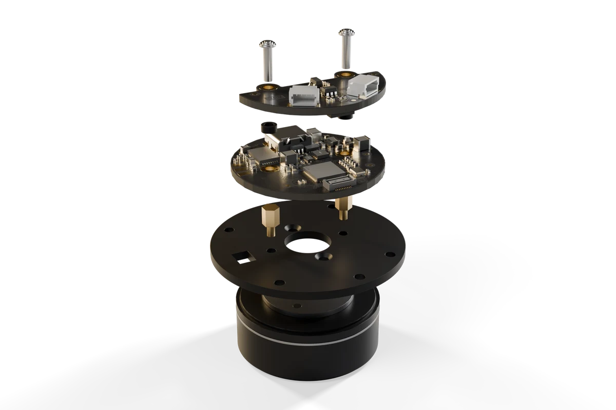 SmartServo G node exploded into gimbal motor, board, magnetic encoder and housing, concept render