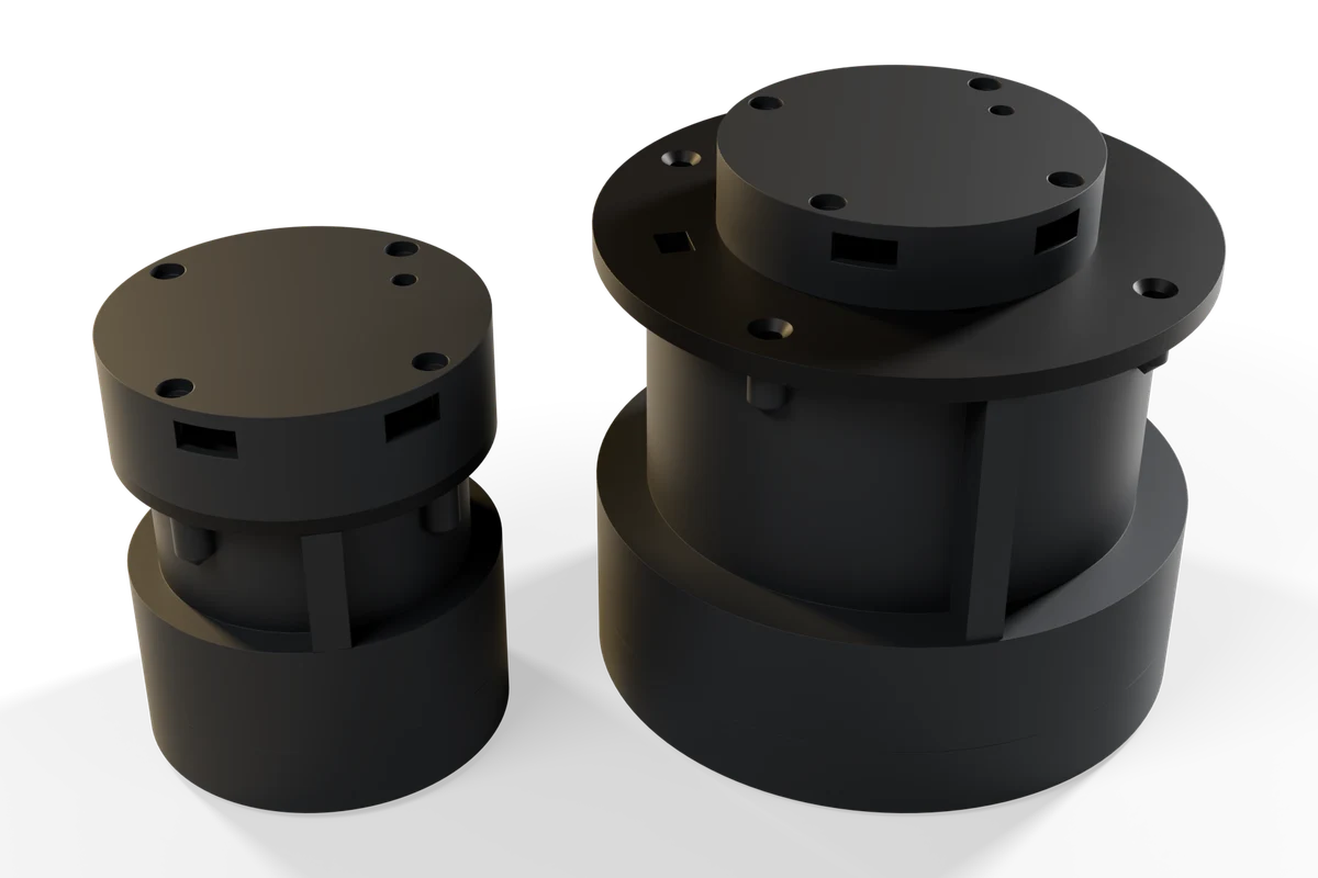 SmartServo G-2804 and G-5208 brushless servo nodes side by side, concept render