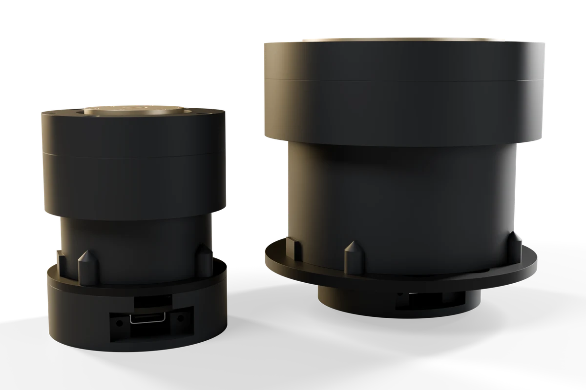 SmartServo G-2804 and G-5208 brushless servo nodes in champagne-anodized and black aluminum, side view, concept render